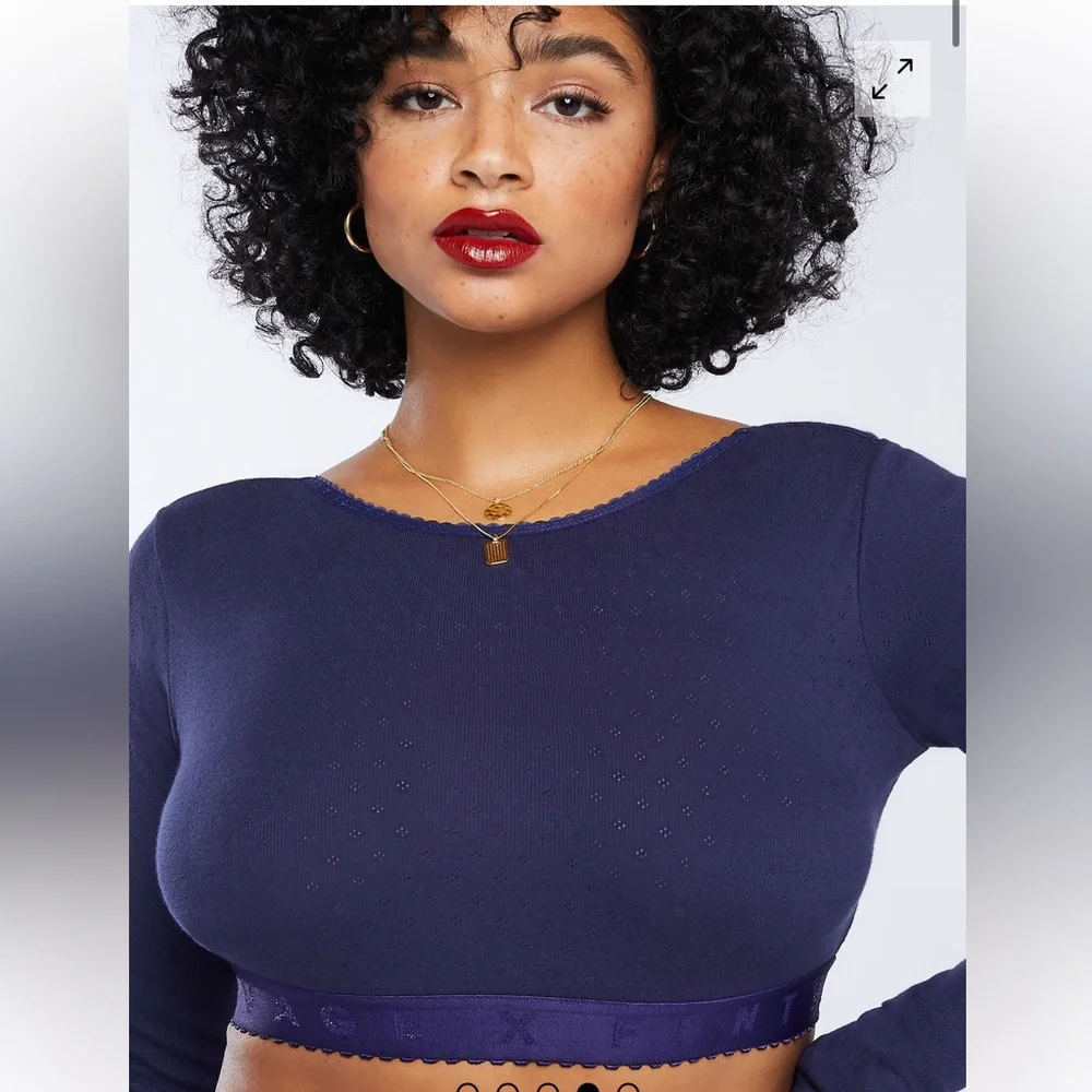 Savage X Fenty Long Sleeve Crop Top Blue Size XS Pointelle knit Scoop Neck